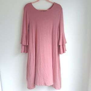 Zenana Premium pink ruffle long sleeve handkerchief hem jersey tunic midi dress